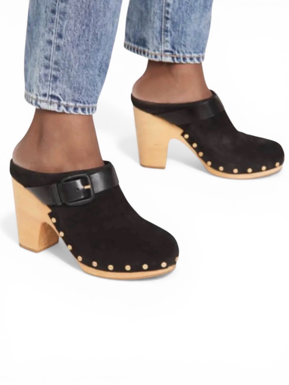 Veronica Beard Daacey Buckle Strap Black Suede Leather Clogs Black Size 11M